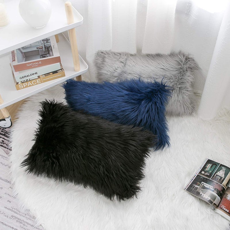WLNUI Set of 2 Black Decorative Lumbar Fluffy Pillow Covers New Luxury Series Merino Style Faux Fur Throw Pillow Covers Fuzzy Cushion Case Spring Easter Home Decor 12x20 Inch - Image 5